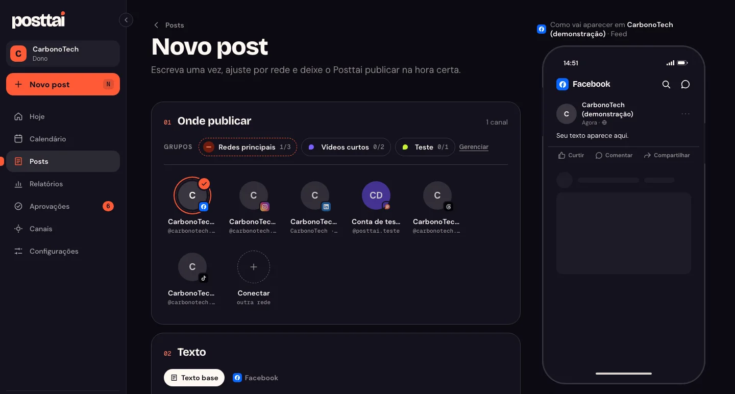 Editor de post do Posttai com a escolha dos canais e a prévia do post num celular